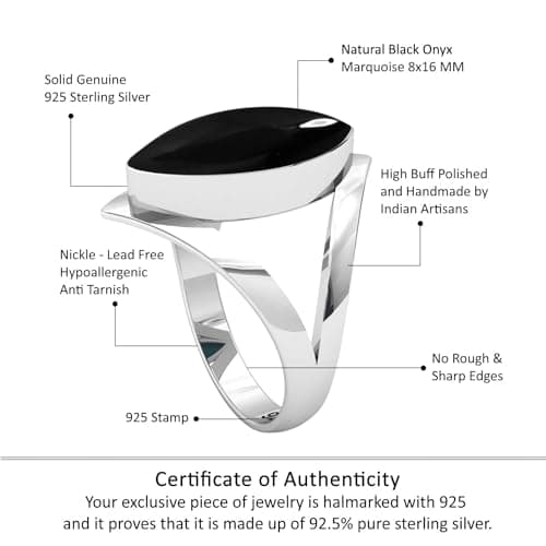 JEWELOPORIUM Black Onyx Silver Ring Size 8, 925 Sterling Silver Ring for Women, Natural Marquise Stone Handmade Jewelry — view 3