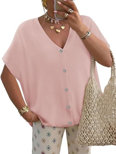 BETTE BOUTIK Womens Half Short Sleeve Cardigans Summer Lightweight Knit V Neck Button Down Casual Sweater Tops for Beach Vacation Pink Large — view 3