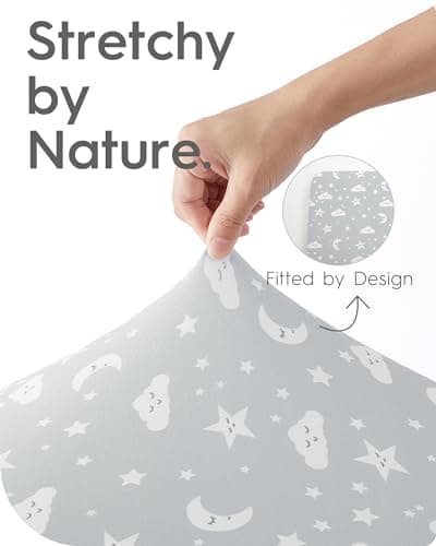 Pack and Play Sheets Fitted, TotBasic Buttery Soft Portable Crib Sheets, Compatible with Graco Pack n Play Playard Crib & Other 27 x 39 Inch Playpen Mattress, 2 Pack Playard Sheets(Grey Stars & Moon) — view 4