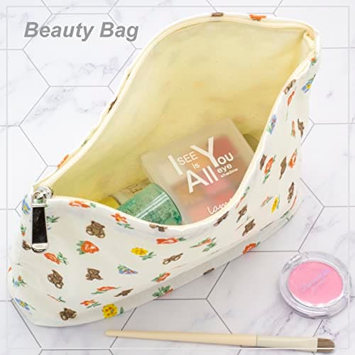 Makeup Bag Large Zipper Make Up Pouch for Purse Travel Canvas Cosmetic Organizer for Women Brush Storage,Flower Bear White — view 2