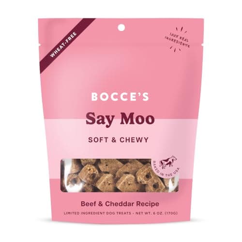 Bocce's Bakery Oven Baked Say Moo Treats for Dogs, Wheat-Free Everyday Dog Treats, Made with Real Ingredients, Baked in The USA, Natural Soft & Chewy Cookies, Beef & Cheddar Recipe, 6 oz