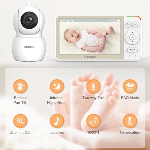 VTimes Baby Monitor No WiFi, 5" Screen Video Baby Monitor with 32Hr Battery, Pan-Tilt-Zoom Camera, VOX Mode, Two-Way Audio, Night Vision, Temperature Display, Lullabies, 1000ft Long Range