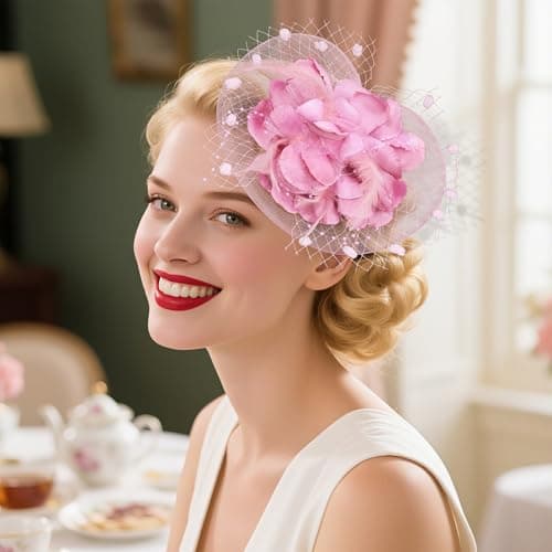 Haakong 20s Fascinators Hat for Women Tea Party Headpiece Mesh Feathers Hair Clip for Bridal Wedding (Pink) — view 4