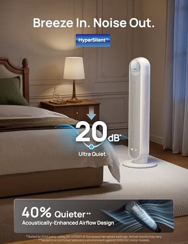 DREO Tower Fan for Bedroom, 2026 Upgraded DC Motor, 28ft/s High Velocity, 20dB Ultra Quiet Standing Fan, 8 Speeds 4 Modes, 90° Oscillating Bladeless Fan for Indoors, Floor Fans with Remote, White — view 2