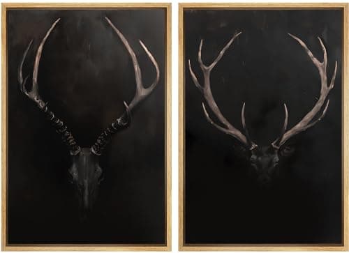 SIGNWIN Framed Canvas Print Wall Art Rustic Antler Skull Dark Dramatic Black Vintage-Inspired Deer and Elk Antlers Illustrations Decorative for Living Room, Bedroom, Office - 24"x36"x2 Natural
