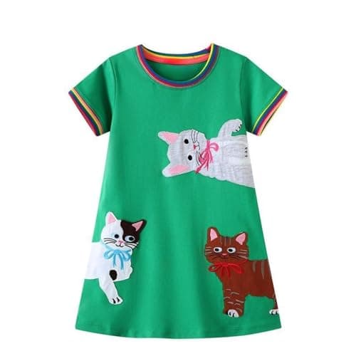 Winzik Toddler Summer Dress, Little Girls Short Sleeve Cotton Casual Dresses Cat Clothes 2-8 Years (3-4T, Cat Green)