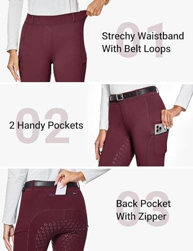 FitsT4 Sports Women's Winter Horse Riding Pants with Zipper Pockets Full Seat Riding Tights Fleece Lined Equestrian Breeches Burgundy XS