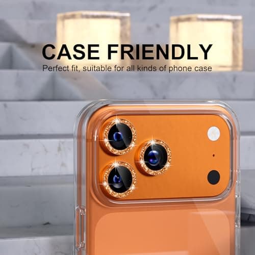 Choiche Compatible for iPhone 17 Pro/iPhone 17 Pro Max Camera Lens Protector Bling, 9H Tempered Glass Camera Cover Screen Protector Metal Ring Decoration Accessories (Glitter-Orange) — view 4