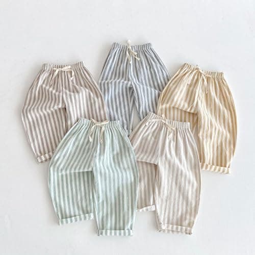 Toddler Boys Cute Striped Pants Baby Girls Baggy Cotton Linen Sweatpants with Drawstring Summer Elastic Waist Barrel Joggers Breathable Lightweight Trousers,Coffee, Size 12-18 Months — view 3