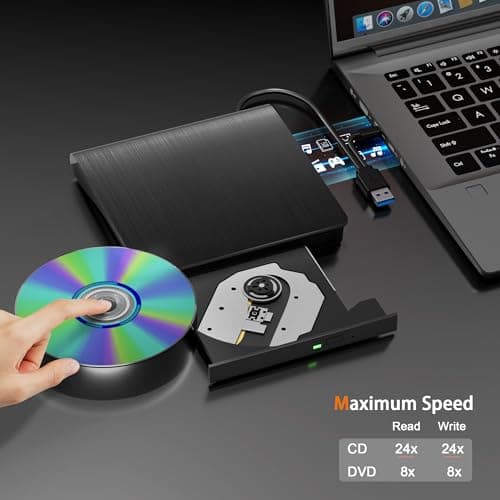 juwuoi External CD/DVD Drive for Laptop PC,USB 3.0 CD DVD Burner,Black