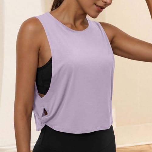 Women's Sleeveless Workout Vest Tops - Solid Tank Top with Side Hollowed Out, Breathable Round Neck Fitness Shirts Purple