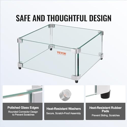 VEVOR Gas Fire Pit Wind Guard for Square Fire Table, 19 x 19 x 7.5 inch Clear Tempered Wind Guard for Firepits, 0.31 inch Thick Square Glass Shield, Glass Panel with Hard Corner Bracket & Feet — view 4