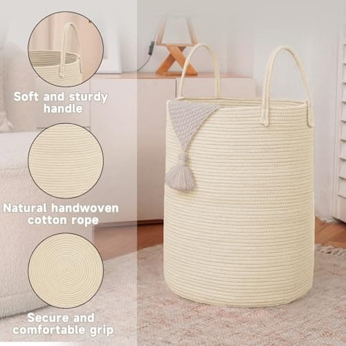 JMvicyroam Large Woven Laundry Basket Hamper,60L Cotton Rope Storage Bin for Blankets,Toys and Clothes,Decorative Tall Nursery Hamper for Living Room,Baby Nursery,Bathroom and Bedroom,Beige — view 5