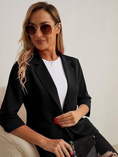 GRECERELLE Blazers for Women Lightweight Suit Jackets 3/4 Sleeve Casual Work Office Blazer Jacket with Pockets Black-6 — view 4