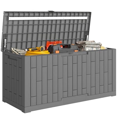 Outsunny 120 Gallon Resin Deck Box, Lockable Outdoor Storage Box with Safe Pneumatic Rods, Splash-Resistant & UV Resistant Patio Storage Container for Garden Tools, Pool Supplies