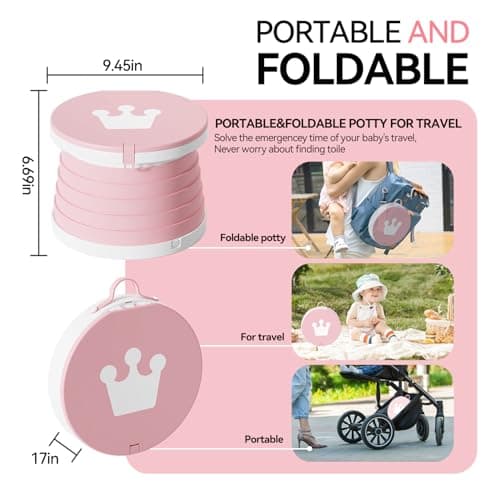 Portable Foldable Toddler Travel Potty - Medium Pink Potty Seat, Emergency Toilet for Car Camping Hiking, Lightweight Potty Chair for Indoor Outdoor Toddler Use (Pink)