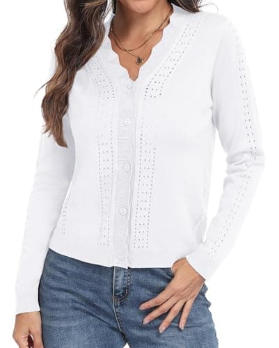 PrinStory Lightweight Long Sleeve Cardigan for Women V Neck Scalloped Edge Knit Cropped Sweater Cardigans White L — view 3