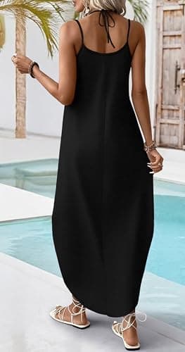 WIHOLL Black Long Dresses for Women Halter Dress Boho Summer Sundresses Beach Vacation Clothes Cruise Vacation Outfits Hawaiian Long Dresses Wedding Guest Tropical Resort Wear Graduation Cruise M — view 4