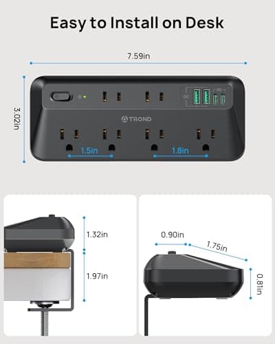 TROND Desk Clamp Power Bar Surge Protector with PD 20W USB C, 6 Outlets Desktop Charging Station, 6ft Flat Plug Extension Cord Indoor, Fit 1.97" Tabletop Edge, ETL Listed, Home Office Supplies, Black — view 7