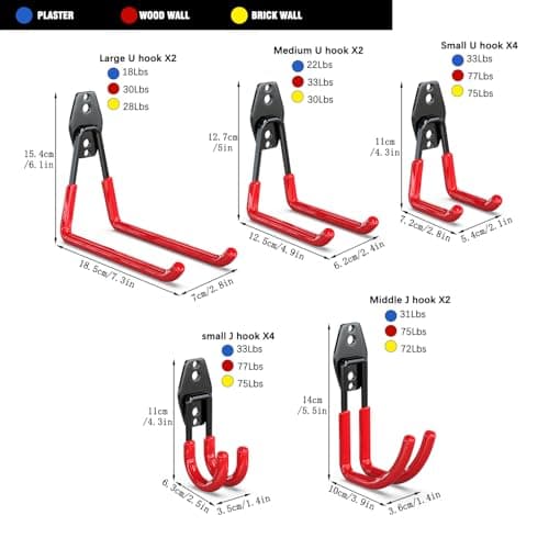 3-H Garage Hooks Heavy Duty, Tool Hangers for Garage Wall Hooks 14PC, Skateboard Wall Mount with 3 Welding Spot for Organizing Power and Garden Tools, Ladder, Ropes, Chair, Shovel (Red)