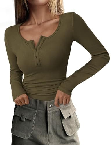 PRETTYGARDEN Women's 2026 Fall Long Sleeve Henley T Shirts Button Ribbed Knit Slim Fit Basic Tops Blouse Casual Outfits (Army Green,Small)