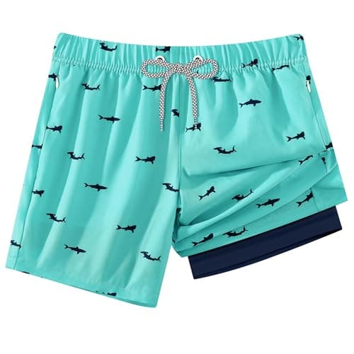 APTRO Boys Swim Trunks with Zipper Pockets & Compression Liner Quick Dry 2 in 1 Beach Shorts, Fish Green, 5-6 Years