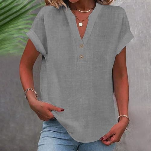 Linen Shirts for Women V Neck Button Up Shirt Short Sleeve Loose Fit Lightweight Blouses Casual Summer Beach T-Shirt Gray — view 2