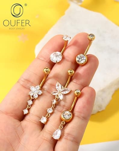 OUFER Gold Belly Button Ring – 5PCS Surgical Steel Belly Rings for Women, 14G Dangle Navel Piercing Jewelry Piercing Nombril with CZ Butterfly Flower Teardrop Barbell for Beach Festival — view 2