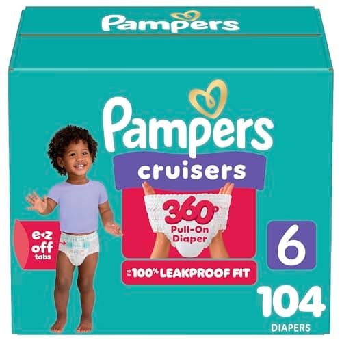 Pampers Diapers - Cruisers 360 degrees - Size 6, up to 100% Leakproof Fit, Designed for Active Babies, Pull On Diaper, EZ Off Tabs Designed for Easy Changes, 1 Pack (Count of 104)