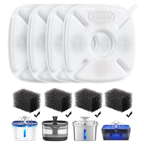 Veken Cat Water Fountain Filter, Classic 4 Pack Replacement Filters & 4 Pack Replacement Pre-Filter Sponges for 50oz, 84oz, 95oz or 108oz Automatic Pet Fountain Dog Water Dispenser