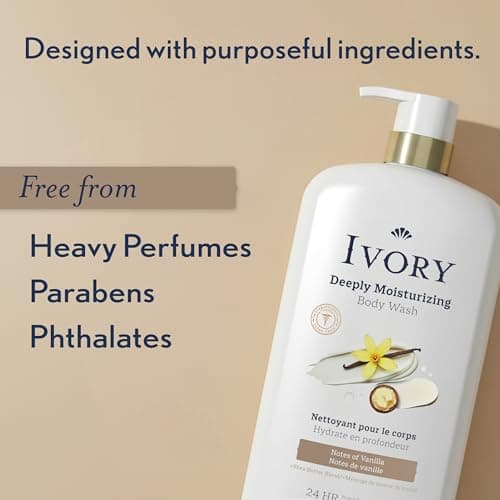 Ivory Body Wash, Deeply Moisturizing, 24hr Nourishing Hydration, Soothes Itchy Dry Skin, Made with Shea Butter Blend, Free of Dyes Heavy Perfumes Parabens & Phthalates, Vanilla Scent, 27 oz — view 4