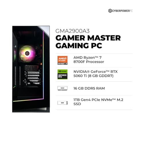 CyberPowerPC Gaming PC, AMD Ryzen 7 8700F, GeForce RTX 5060 Ti 8GB