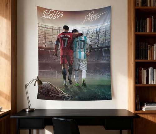 Lionel Messi & Cristiano Ronaldo World Cup Soccer Superstar Wall Tapestry: HD Fade-Resistant Polyester with 4 Corner Grommets - Hanging Poster for Boys’ Bedroom & Fan Decor, 35.4 x 47.2 Inches (Red-Blue) — view 2