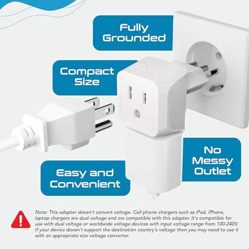 Ceptics Italy Travel Plug Adapter, Chile Plug Adapter with Dual USA Input, Compact Type L Plug Adapter, Safe Grounded Plug, Perfect for Cell Phones, Laptops, Chargers, 3 Pack - CT-12A — view 4