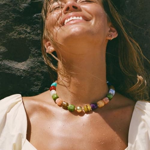 INNERDIVA Chunky Beaded Necklace for Women Colorful Big Large Resin Bead Statement Bubble Choker Necklace Trendy Summer Beach Beachy Womens Necklace Rainbow Gemstone Charm Jewelry Accessories Stuff — view 3