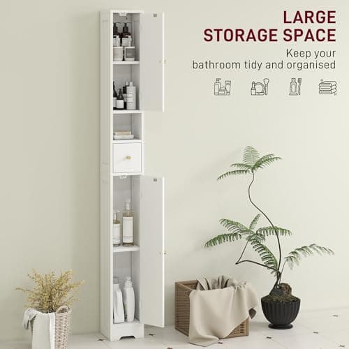 HOMCOM Tall Bathroom Cabinet, Modern Slim Bathroom Storage with Arched Doors, Drawer and Open Shelf, Narrow Storage with Adjustable Shelves, White — view 3