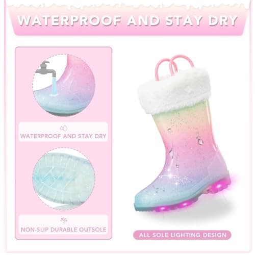 EUXTERPA Toddler Kids Light Up Glitter Rain Boots Waterproof Warm Fleece Lined Boots for Girls Winter Snow Boots, Pink Gradient, Size 2 — view 3