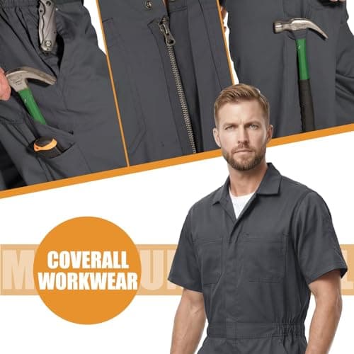 Coveralls for Men Short Sleeve, Cotton Blend Zipper Mechanic Jumpsuit Work with Multi Pockets Utilityl Uniform Fit — view 2