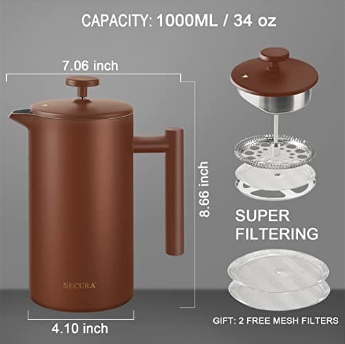 Secura French Press Coffee Maker, 304 Grade Stainless Steel Insulated Coffee Press with 2 Extra Screens, 34oz (1 Litre), Coffee — view 2