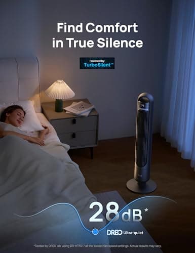 DREO Tower Fan for Bedroom, 90° Oscillating Standing Fans for Room with 4 Speeds, 3 Modes, 28dB Quiet for Sleep, 26ft/s Velocity, 8H Timer, Remote, Living Room, Office, Home, Black — view 3