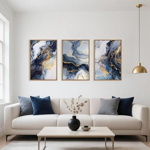 HPNIUB Navy Blue and Gold Framed Canvas Wall Art Set,Mid-Century Modern Abstract Wall Decor,Navy Blue Ink Wash Painting,Neutral Art Print for Living Room,Bedroom,Dining Room,Office - 24"x36"x3