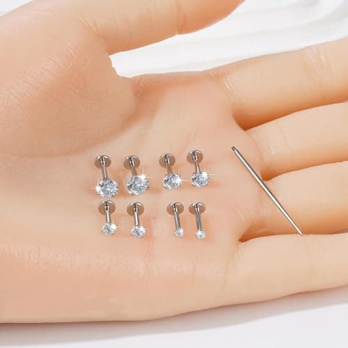 QXXPVV 16G Flat Back Earrings Stud Stainless Steel Extended Internally Thread Tragus Labret Nose Cartilage Lip Medusa Conch Body Piercing Jewelry Hypoallergenic for Women Men(4pairs 16G Silver 6mm) — view 5