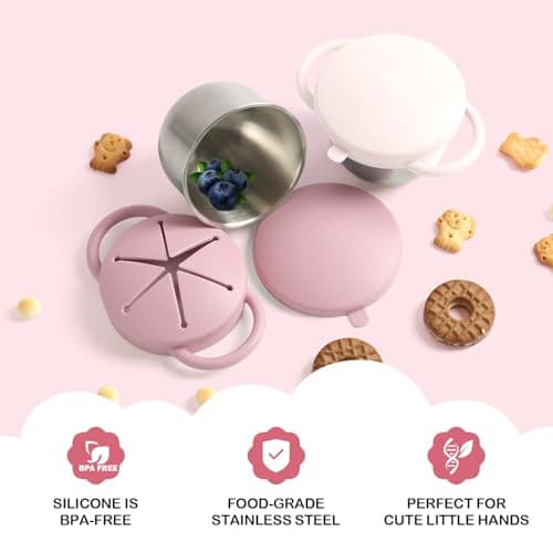 Daximo 2 Pack Snack Cups for Toddlers Spill Proof - Detachable Stainless Steel Toddler Snack Cups with Silicone Lids & Handles - Dishwasher Safe Snack Container (Matte Pink and Matte Off White) — view 3