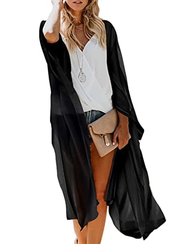MayBuy Women's Summer Long Flowy Kimono Cardigans Boho Chiffon Beach Cover Up Tops, 002 Black, Large