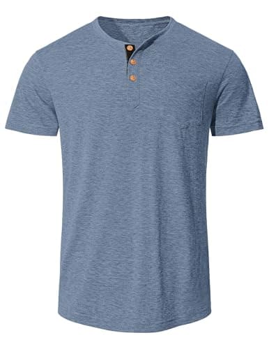 TARAINYA Men's Henley Shirts Cotton Button Short Sleeve Casual T-Shirts Homme with Pocket Grey Blue L — view 3