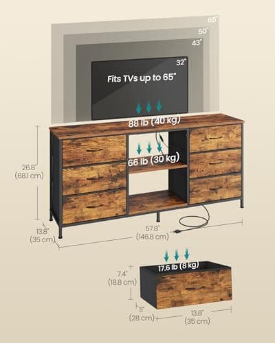 SONGMICS BELLAH Collection - TV Stand for TVs Up to 165 cm, Dresser for Bedroom, Living Room, Chest of Drawers, Steel, 6 Drawers and 2 Shelves, Industrial, Rustic Brown ULGS132K101 — view 5