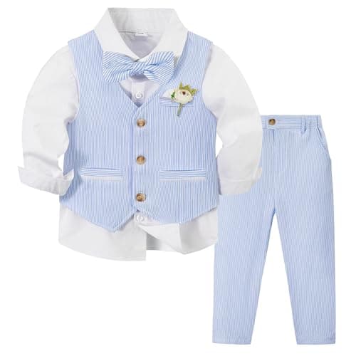 Volunboy Baby Boy Formal Prom Striped Pants Set Seersucker Wedding Guest Ring Bearer Outfits Gentleman Dress Shirt Summer Beach Bowtie Vest Suits (Skyblue, 2-3T)