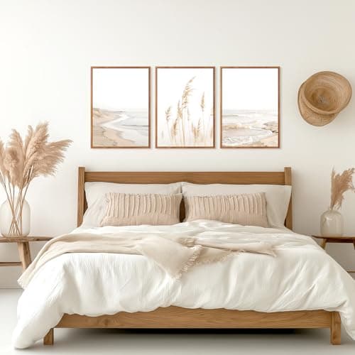 HPNIUB Modern Beach Artwork Seascape Wall Art, Seaside Framed Painting Reed Pathway Picture, Minimalist Neutral Coastal Landscape Wall Decor for Living Room,Bathroom(Set of 3,12X16 Inch) — view 2