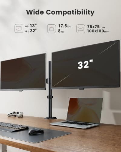 ErGear Dual Monitor Desk Mount, Fully Adjustable Dual Monitor Arm for 2 Computer Screens up to 32 inch, Heavy Duty Dual Monitor Stand for Desk, Holds up to 17.6 lbs per Arm, EGCM1 — view 2