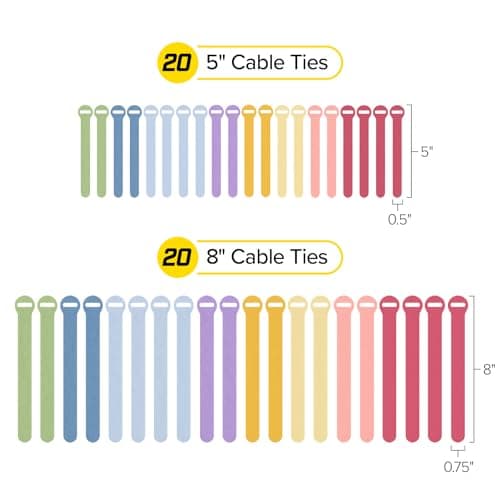 Self-Gripping Cable Ties by Wrap-It Storage, Macaron, 40 Pack (5 Inch and 8 Inch Straps) – Reusable Hook and Loop Cord Wraps for Home Office Desk Organization — view 3